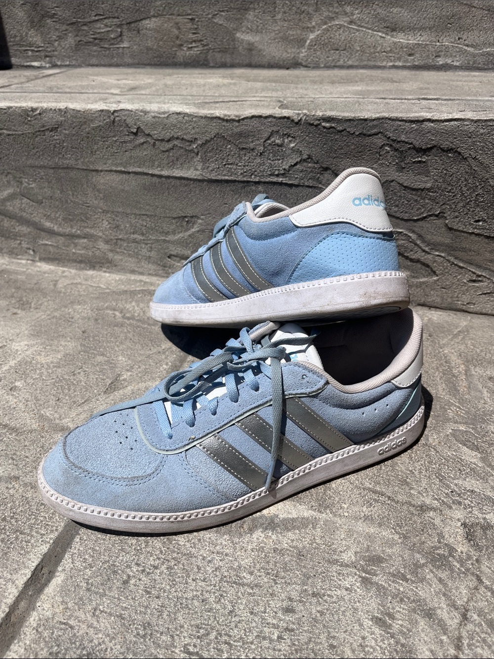 adidas Light Blue Suede Low-Top Sneakers with Gray Stripes